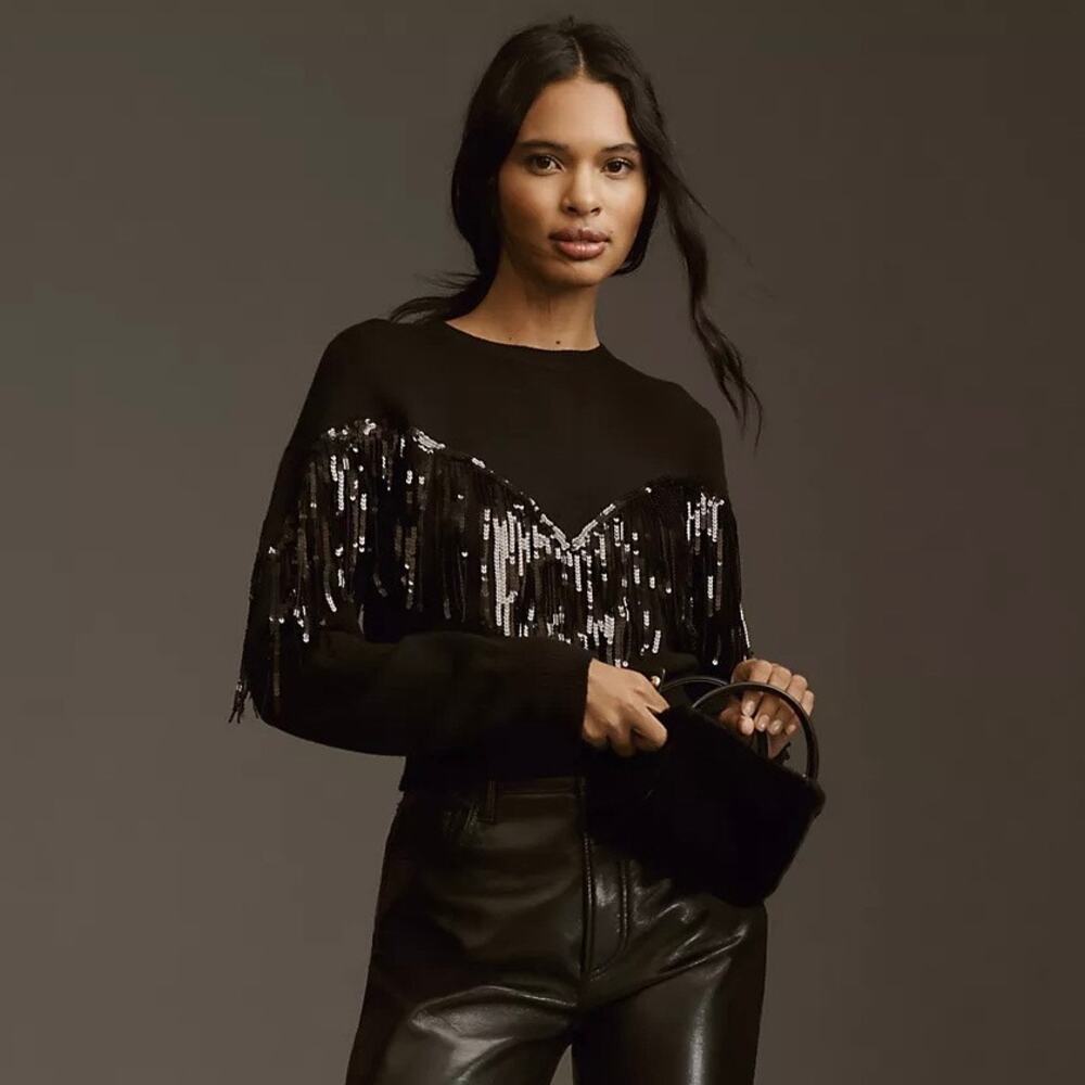 NWT Anthropologie Sequin Fringe Pullover Sweater in Black Wester Party Sz Small